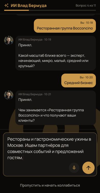 Анкета MyCollaba: ИИ-Аватар Влада Бермуды задаёт вопросы о компании в чате